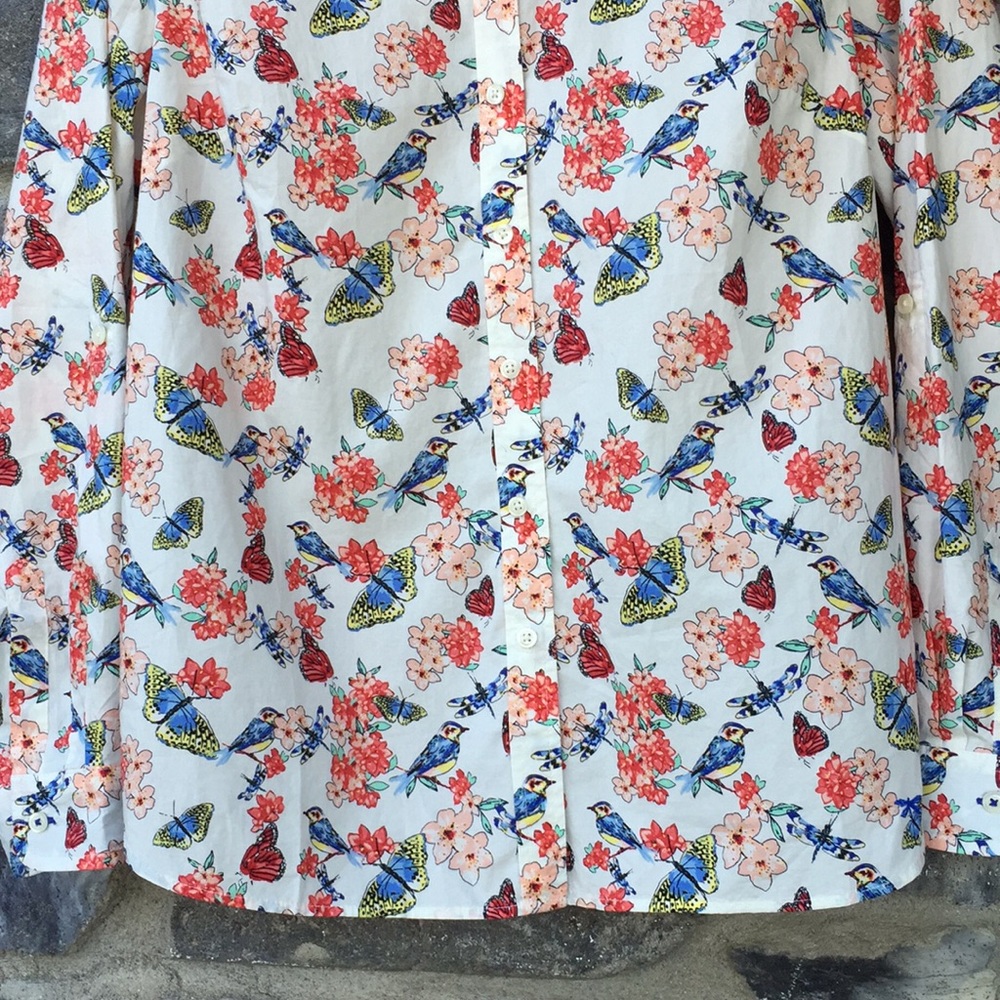 Talbots Floral Bird Print Button Up Blouse Long Sleeve Size PL - Picture 3 of 7